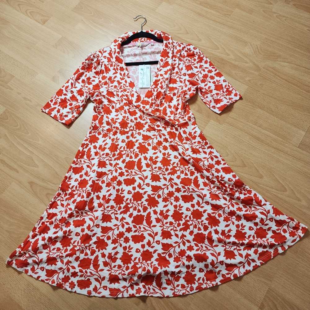 NWT Boden Jersey Knit Faux Wrap Dress Fiery Red Orange White Size 10